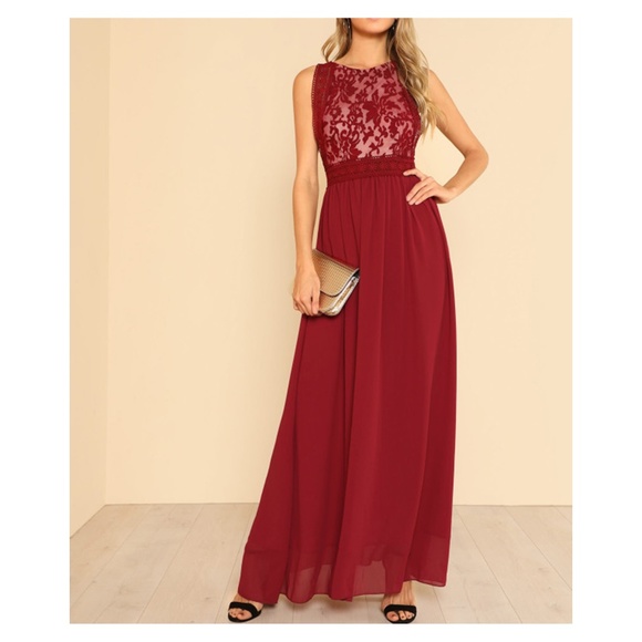 Burgundy Red Sleeveless Mesh Panel Maxi Dress - Picture 5 of 5